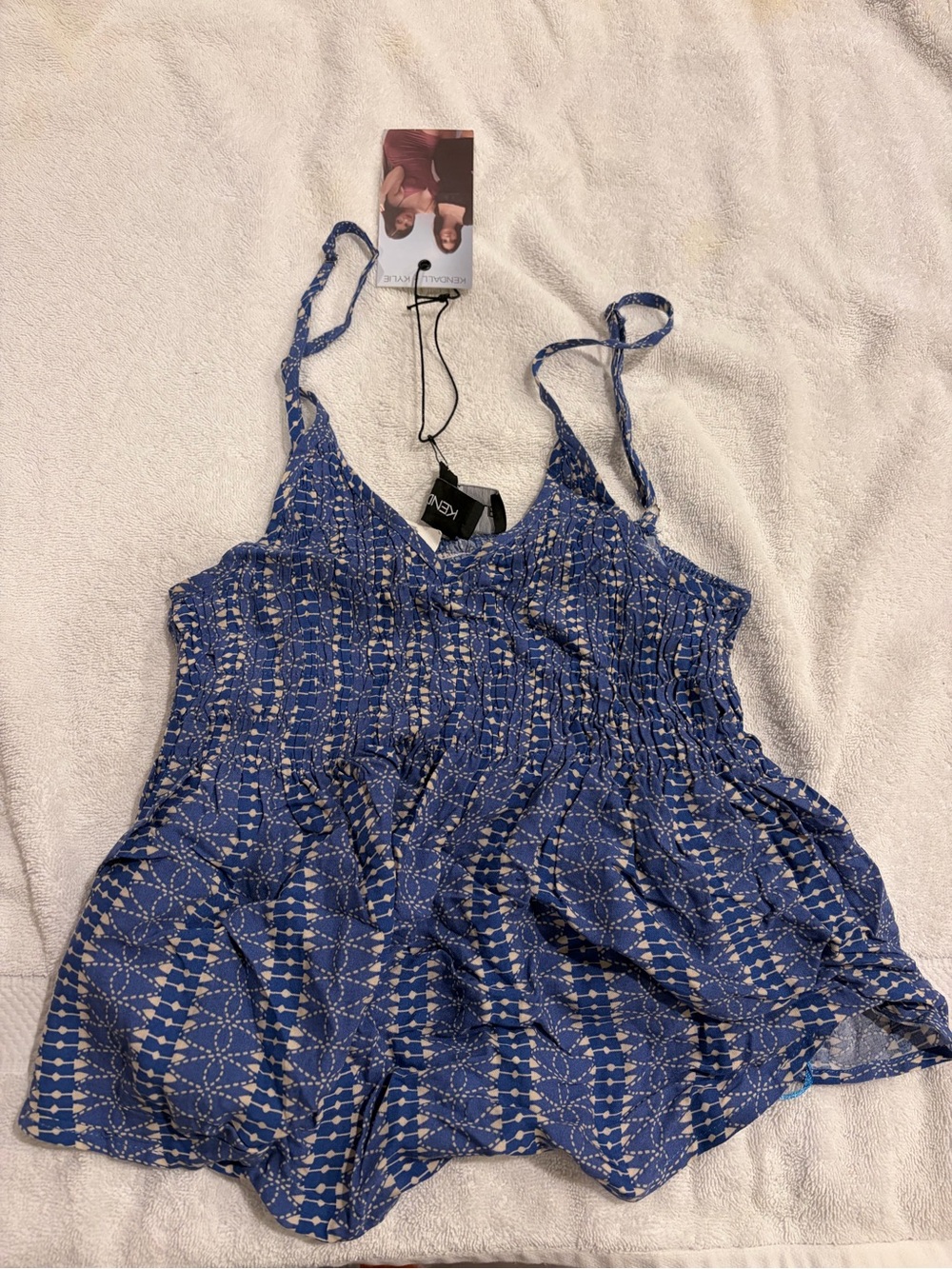 Kendall + Kiley Blue Patterned Smocked Cami Tank Top NWT